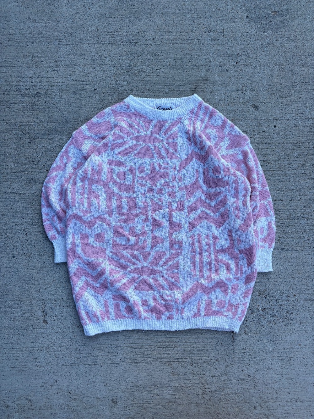 Vintage 80s Genesis Pink Geometric Jacquard Knit Sweater Boxy 3/4 Sleeve Small
